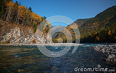 Autumn by the River Kitoy in mountains Tunkinskie ridge Stock Photo