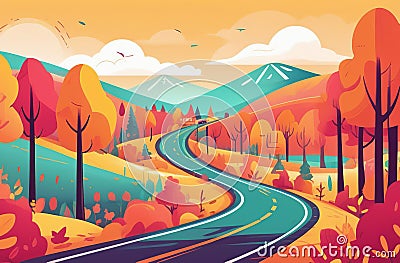 A autumn road cuts through a stylized landscape flush with the warm hues of fall foliage Stock Photo
