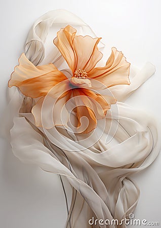 Autumn romance, vintage flower made of silk fabric develops in the wind, muted beige tones on a white background Stock Photo