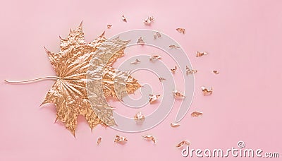 Autumn rose gold maple leaf with elements crumbs on pastel pink paper background. Minimal creative concept with space for text. To Stock Photo