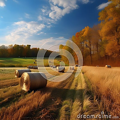 Autumn rural landscape with hay bales on the field and forest Stock Photo
