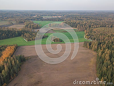 Autumn, rural landscape, plowed field and forests, drone photo Stock Photo