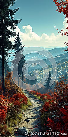 Autumn's Splendor: A Sweeping Vista of Forest and Mountains on a Stock Photo