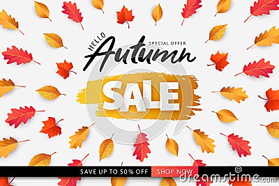 Autumn Sale background, banner, poster or flyer design. Vector illustration with bright beautiful leaves and lettering word Autumn Vector Illustration