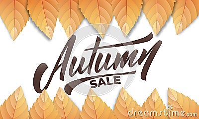 Autumn sale. Autumn background layout with fall leves and hand lettering. Fall sale, promotion, banner Vector Illustration