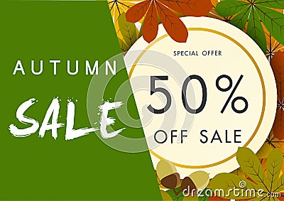 Autumn sale background with vintage colorful leave, vector illus Vector Illustration