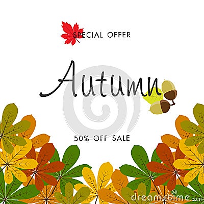 Autumn sale background with vintage colorful leave, vector illus Vector Illustration