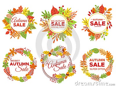 Autumn sale badges. Fall season sales, autumnal yellow leaves frame and september discount banners vector set Vector Illustration