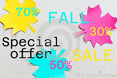 Autumn sale banner with colored paper maple leaves Stock Photo