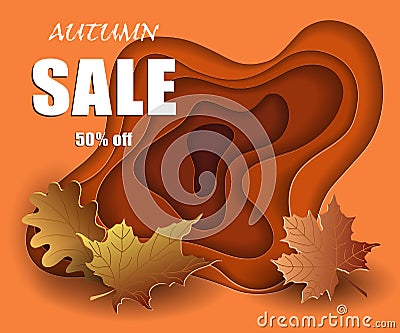 Autumn sale banner in cut paper style, mockup design discounted season, colorful yellow leaves on orange 3d background, vector. Vector Illustration