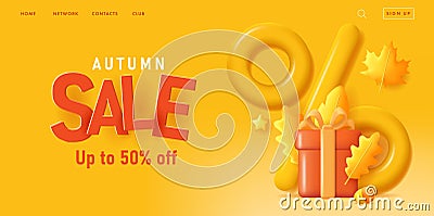 Autumn sale banner with 3d render illustration of gift box and autumn leaves with mono chrome big percent sign Vector Illustration