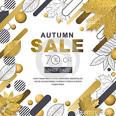 Autumn sale banner. Frame with 3d style gold outline fall leaves and motion geometric shapes. Vector poster background. Vector Illustration