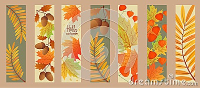 Autumn sale banner. Hello autumn. Set autumn bookmarks. Maple leaves, rowan leaves with branch of physalis, oak leaf,acorns Vector Illustration