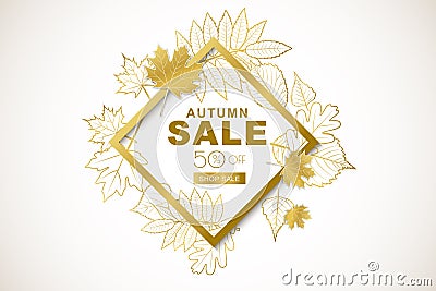 Autumn sale banner with isolated golden frame and gold outline autumn leaves. Vector fall poster background. Vector Illustration