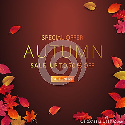 Autumn sale banner layout template decorate with maple and realistic leaves in warm color tone for shopping sale or promotion Cartoon Illustration