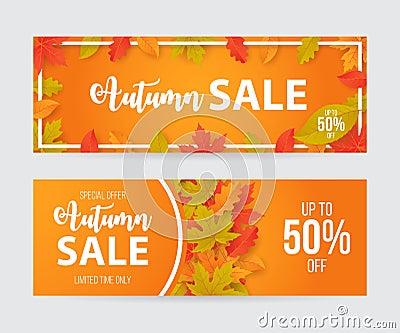 Autumn sale banner set with leaves. Vector Illustration