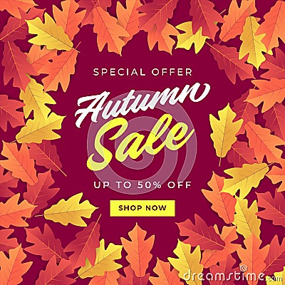 Autumn sale banner for shopping sale. Colorful autumn leaves background. Vector Illustration