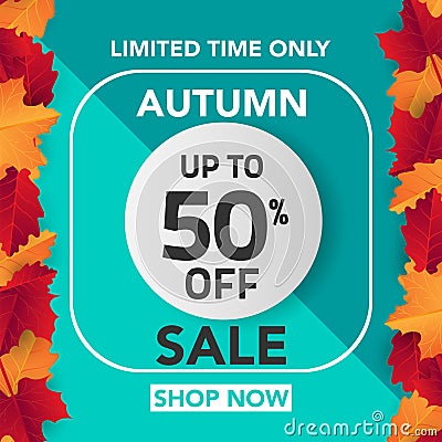 Autumn sale banner template with leaves, fall leaves for shopping sale. banner design. Poster, card, label, web banner. Vector ill Vector Illustration