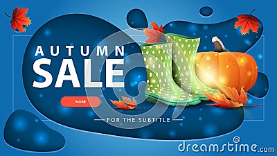 Autumn sale, blue discount banner with modern design for your website with rubber boots and pumpkin Vector Illustration