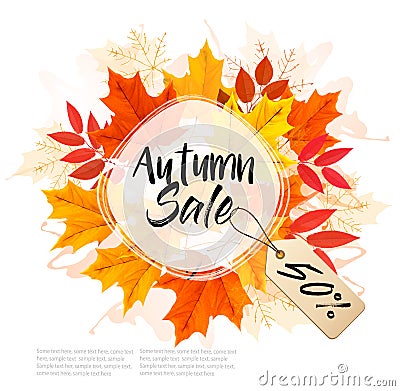 Autumn Sale Card With Colorful Leaves. Vector Illustration