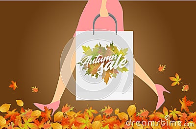 Autumn sale design concept. Woman with paper packets walking on fallen leaves. Vector Illustration