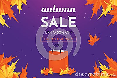 Autumn sale discount offer up to 50 percent off with oak leaves, banner and background vector illustration Vector Illustration