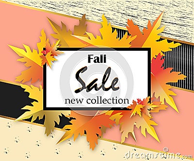 Autumn sale flyer template with lettering, orange leaves on modern abstract background. Fall promotion. Poster, banner Vector Illustration