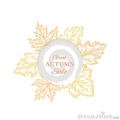 Autumn Sale Frame Emblem, Card or Sign Template. Abstract Foliage with Classy Retro Typography. Vector Illustration