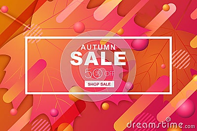 Autumn sale horizontal banners with paper maple leaves and motion geometric shapes. Vector fall poster background. Vector Illustration