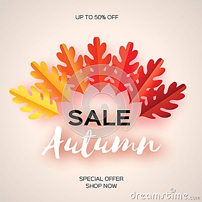 Autumn Sale Paper Cut leaves. September flyer template. Space for text. Origami Foliage. Oak. Fall poster background Vector Illustration