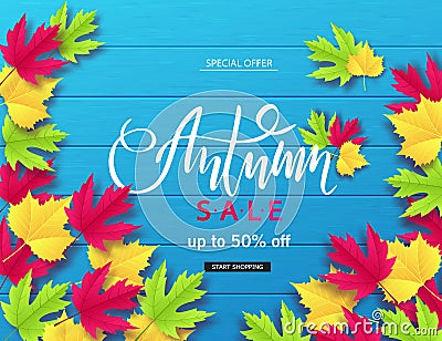 Autumn sale poster with colorful leaves Cartoon Illustration