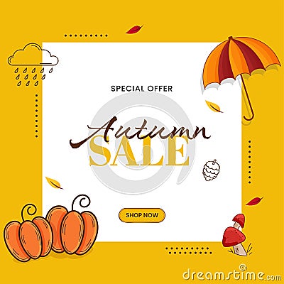 Autumn Sale Poster Design With Flat Pumpkins, Toadstool, Umbrella On White And Yellow Stock Photo