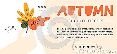 Autumn Sale, poster design template, special offer. Fall discount banner with hand holding bouquet of leaves. Vector Illustration