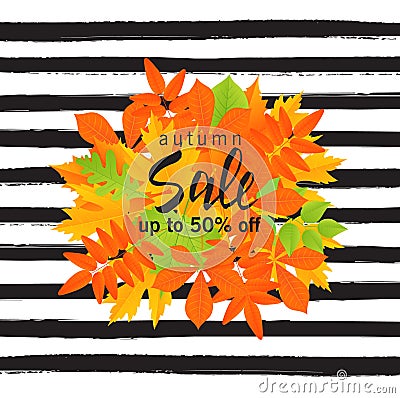 Autumn sale poster with fall leaves on striped background. Vector illustration for website and mobile website banners Vector Illustration