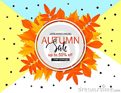 Autumn sale poster with fall leaves . Vector illustration for website and mobile website banners, posters, email and Vector Illustration