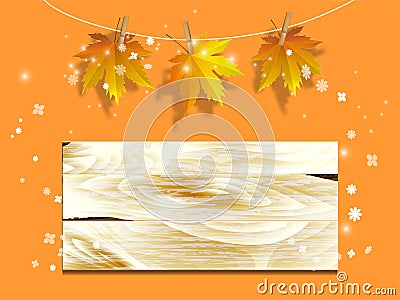 Autumn sale poster with fall leaves on wooden backgrounds. Cartoon Illustration