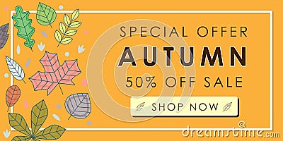 Autumn sale promotion advertising banner template decor with autumn leaves design Vector Illustration