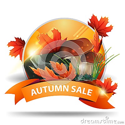 Autumn sale, round discount clickable web banner with ribbon for your website or business with mushrooms and autumn leaves Stock Photo