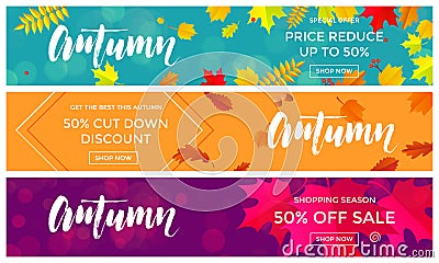 Autumn sale shopping discount vector poster fall maple leaf gold web banner Vector Illustration