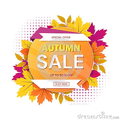 Autumn Sale sign with circular motif with text surrounded by colorful leaves for seasonal special offers and 50 percent Vector Illustration