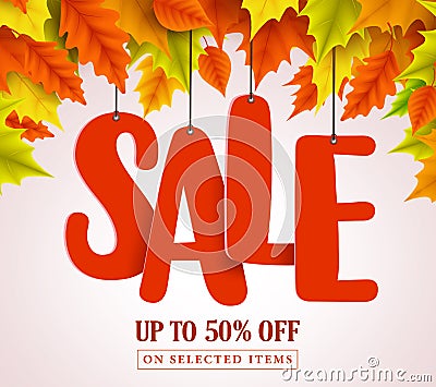Autumn sale vector design with red sale text hanging in colorful maple leaves Vector Illustration