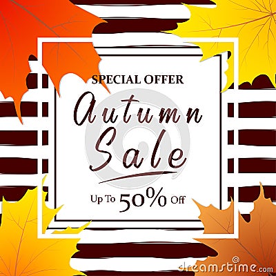 Autumn sale vector poster design with colorful autumn leaves and sale discount text for fall season shopping promotion Vector Illustration