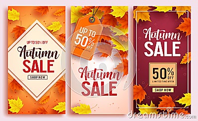 Autumn sale vector poster design set with colorful maple leaves element Vector Illustration