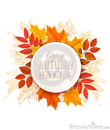 Autumn Sales Banner With Colorful Leaves. Vector Illustration