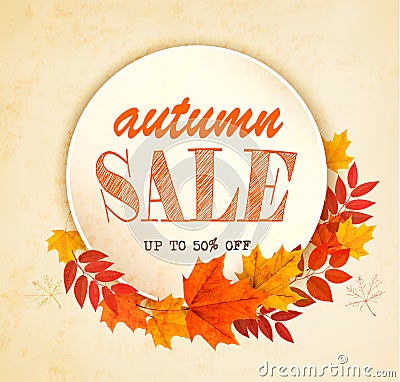 Autumn Sales Card With Colorful Leaves. Vector Illustration