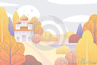 Autumn Scene with Church and Yellow Trees Vector Illustration