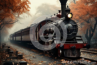 Autumn scene at classic train station steam locomotive, falling leaves, nostalgic art, warm tones Stock Photo