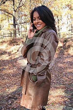 Autumn Scene Fall Woman With Cell Phone Stock Photo