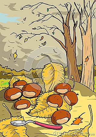 autumn scene inside a park. the dried leaves come off the trees. three pigeons in the foreground. illustration Cartoon Illustration