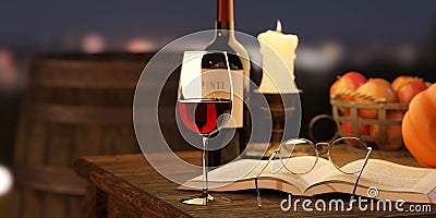 autumn scene with wine glass, cask and bottle and books and glasses 3d render illustration Cartoon Illustration